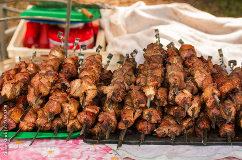 Traditional Russian shashlik on a barbecue skewer