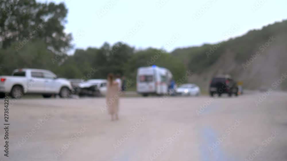 blurred background. terrible car accident on the highway, with police cars blurred background. terrible car accident on the highway, with police cars
