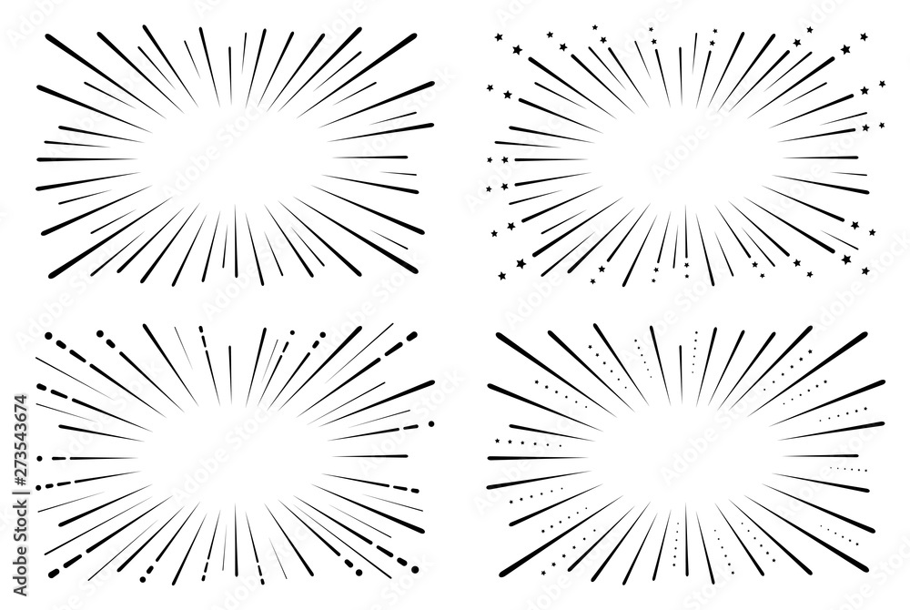 Speed comic book. Background of radial lines. Set of various symbols of movement, speed, explosion, radiance, flying particles. Black silhouette. Isolation. Vector illustration Speed comic book. Background of radial lines. Set of various symbols of movement, speed, explosion, radiance, flying particles. Black silhouette. Isolation. Vector illustration