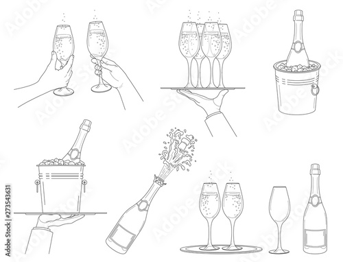 Champagne.  Set  different options   champagne explosion, champagne bottle in bucket with ice. Hands holding glasses of champagne. Elements  festive design.Vintage style. Isolated contour. Vector 