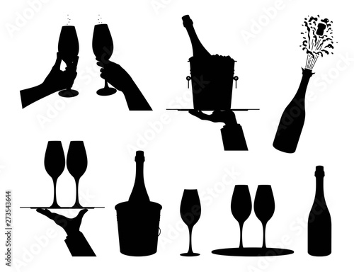 Champagne.  Set  different options  champagne explosion, champagne bottle in bucket with ice. Hands holding glasses of champagne. Elements  festive design. Isolated black silhouette. Vector 