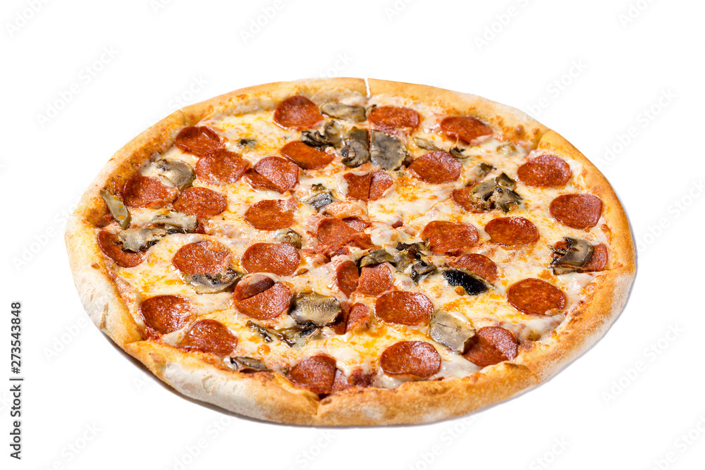 Italian cuisine. Fresh pepperoni pizza. Salami and mushrooms pizza isolated on white background.