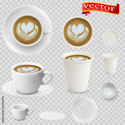 3d realistic cappuccino coffee in white cups view from the top and side. Cappuccino coffee in white paper Cups.