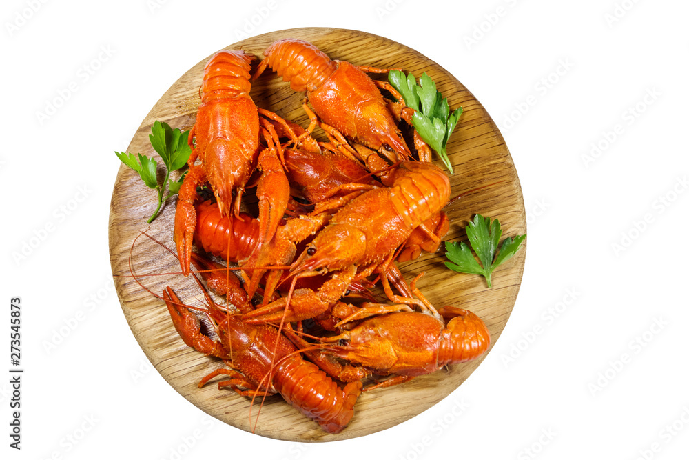 Boiled crayfish on wooden cutting board isolated on white background Boiled crayfish on wooden cutting board isolated on white background