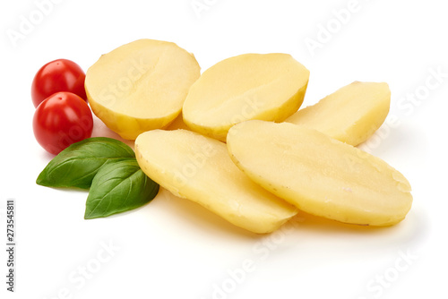 Boiled potato pieces, close-up, isolated on white background