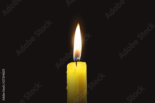 Vector 3d Realistic One Single Rendwer Orange Paraffin or Wax Burning Candle Closeup Isolated on Dark or Black Background. Flame at Night