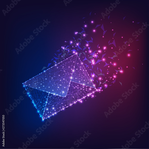 Futuristic flying electronic envelope, email on dark gradient blue to purple background.