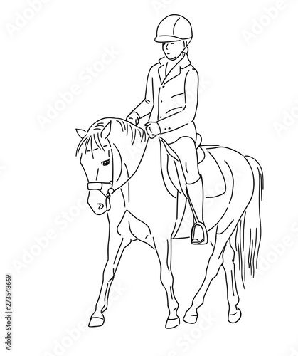 Line drawing of a girl riding a pony