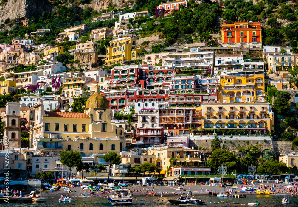 The colorful cliff side town of Positano, along the Amalfi Coast of the Compania region of southern Italy is a popular tourist destination in the summertime