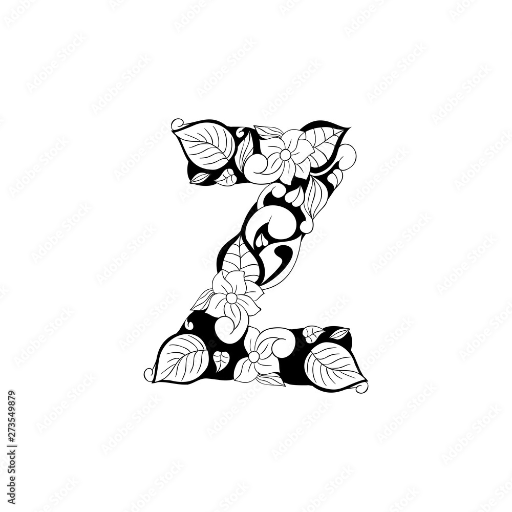 Fototapeta premium Floral letter outline illustration. Alphabet symbol for coloring book or laser cutting. Leaves, flowers, petals doodle drawing. Monochrome linear blossom. Monogram with black and white batik texture