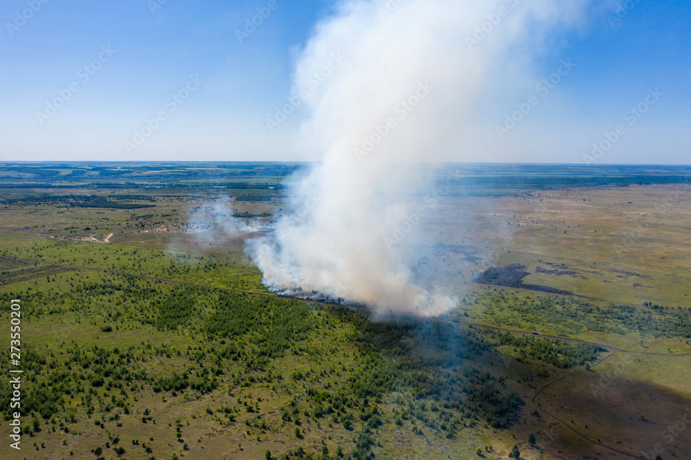 Aerial view of wildfire in green fields from hot weather, natural disaster accident, burning forest and huge clouds of smoke