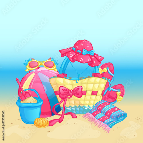 Summer beach composition on the background of the sea. Beach bag, hat, sandals, bouncy ball, sunglasses, plastic sand bucket, scoop. Cartoon vector objects.