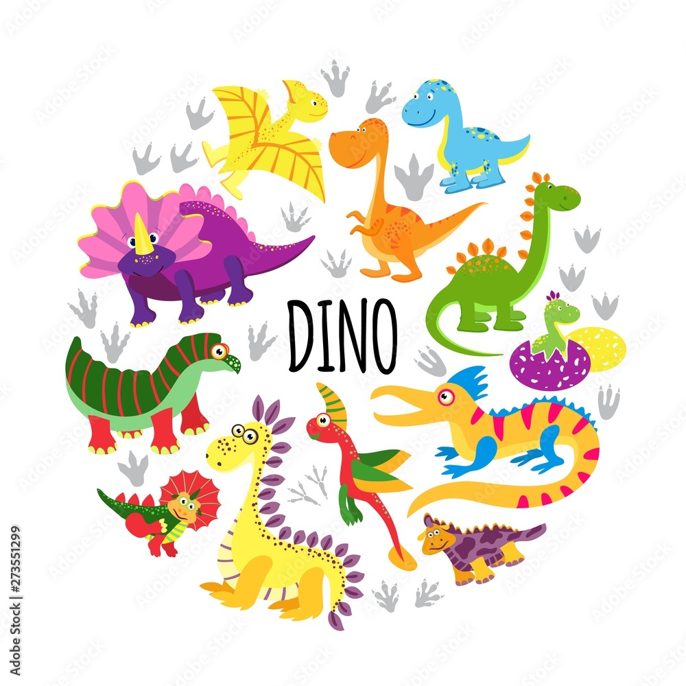 Obraz premium Flat Cute Funny Dinosaurs Round Concept