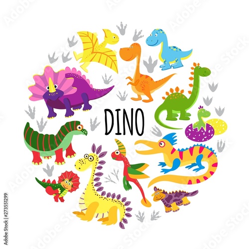 Flat Cute Funny Dinosaurs Round Concept © K3Star