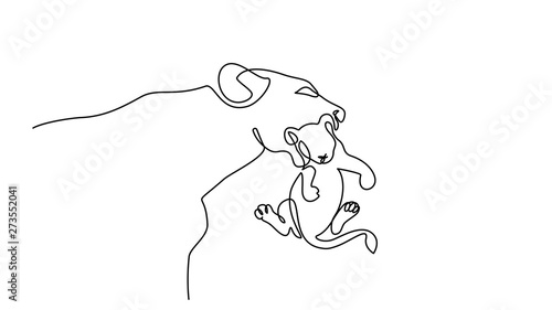 Young lioness with lion cub one line drawing
