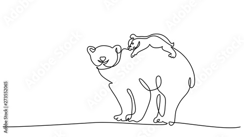 Polar bear with baby cub one line drawing
