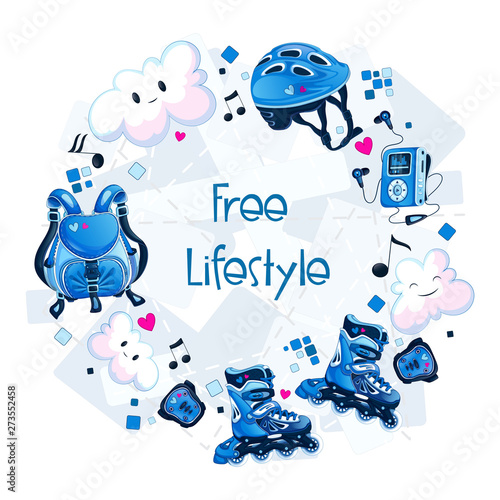 Round frame with blue sports accessories for. Roller skates, helmet, music headphones, player, backpack, funny clouds. Vector shape for text or photo with cartoon objects.