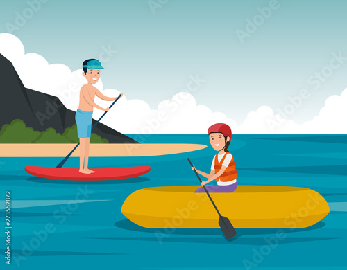 boy practice paddle board and girl canoeing