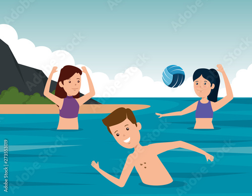 boy swimming and girls playing volleyball in the water