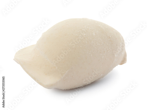 Raw dumpling with tasty filling on white background