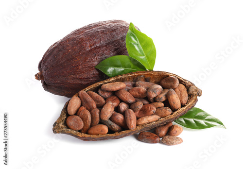 Composition with cocoa beans on white background