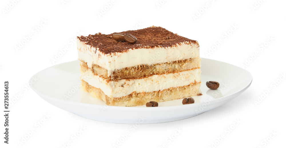 Plate of tiramisu cake isolated on white Plate of tiramisu cake isolated on white