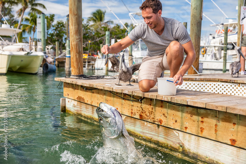 Florida tourism summer vacation attraction tourist man having fun feeding tarpon fish in the keys, USA travel lifestyle. photo