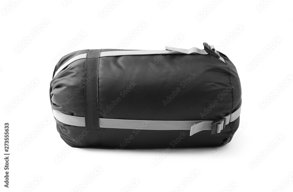 Fototapeta premium Case with sleeping bag on white background. Camping equipment