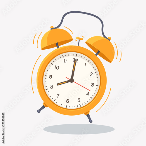 Yellow ringing alarm clock icon isolated on white background. Wake up time. Desk clock vector illustration in flat style. Element for your design.