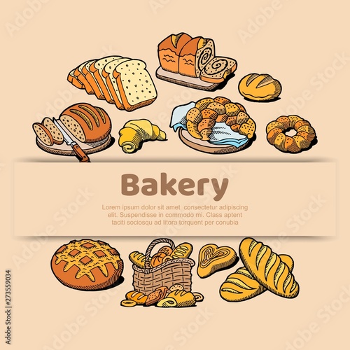 Bakery or bread house sketch poster of baked bread. Vector design template for baker shop of fresh wheat bread bagel or rye loaf and wheat ears sheaf