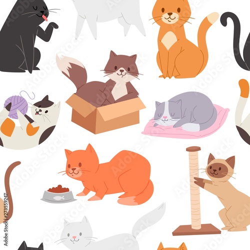 Seamless pattern with cute tabby kittens. Cartoon character childish kitty. Great for fabric, textile vector illustration of cats playing, brown cat in the box, sleeping and washing siamese cat.