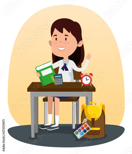 girl student in the desk with book and calculator with clock