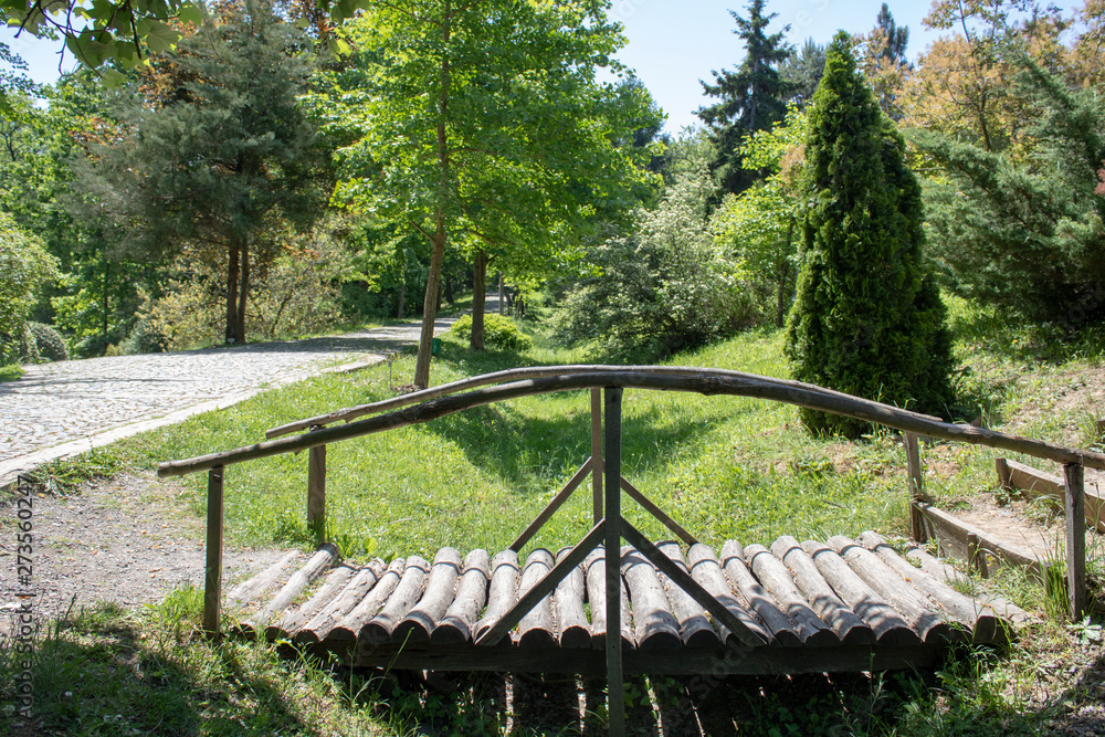 Forest roadside wooden bridge.