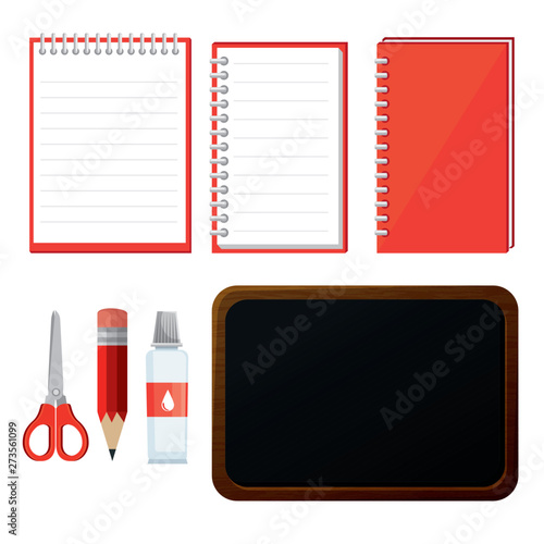 set of notebook with scissors and pencil with blackboard