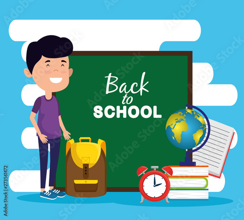 boy with backpack and books with global map and clock