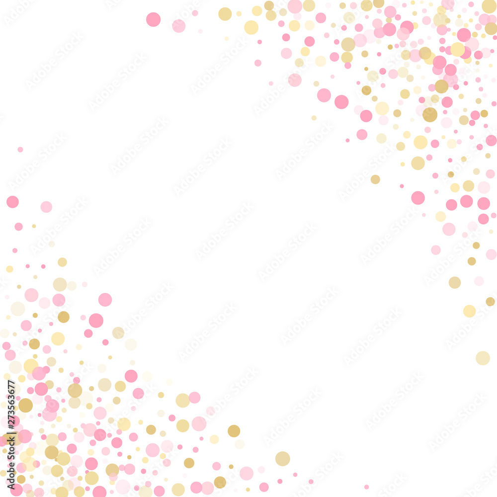 Gold, pink and rose color round confetti dots, circles scatter on white.