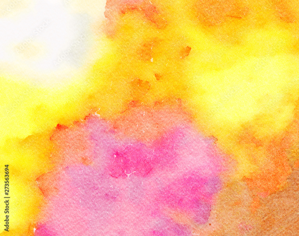 Abstract watercolor background with wet splashes of paint on paper. Good as backdrop print of cards, flyers, invitations and other creative making production.