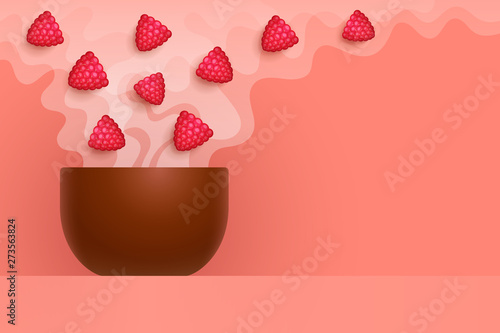 Cup with flavored tea and raspberries