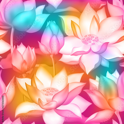 Lotus buds and flowers seamless background., Water lilly nelumbo aquatic plant packaging design.