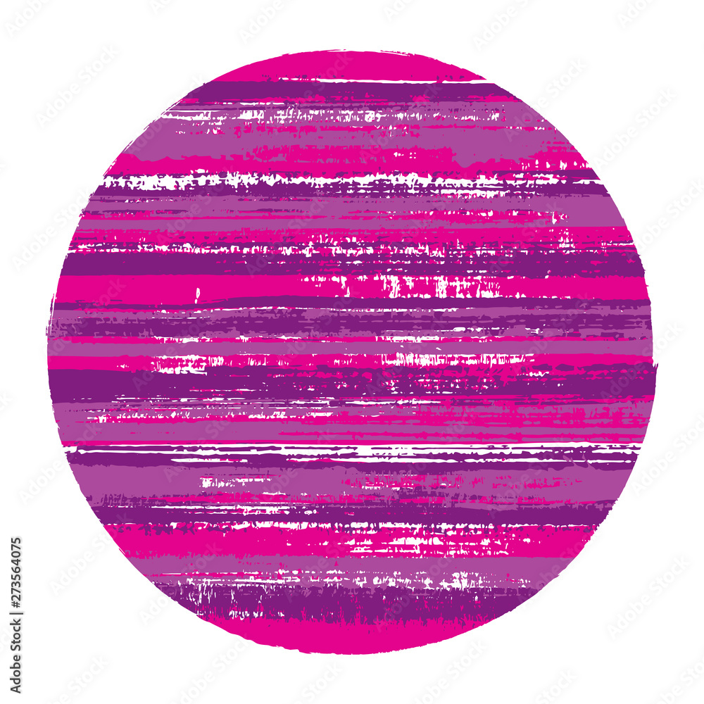 Abrupt circle vector geometric shape with striped texture of paint horizontal lines. Old paint texture disk. Label round shape logotype circle with grunge background of stripes.