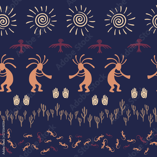 Mythical, design with trickster god, swirl icons on human palm, sun, eagle.