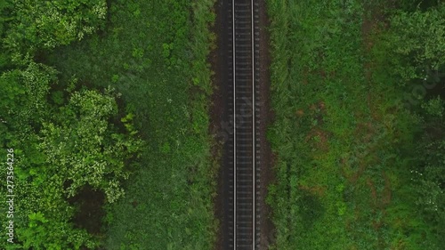 Wallpaper Mural Aerial moving forward view of railtrack and a tourist walking along it, in forest, on summer day. 4K. Torontodigital.ca