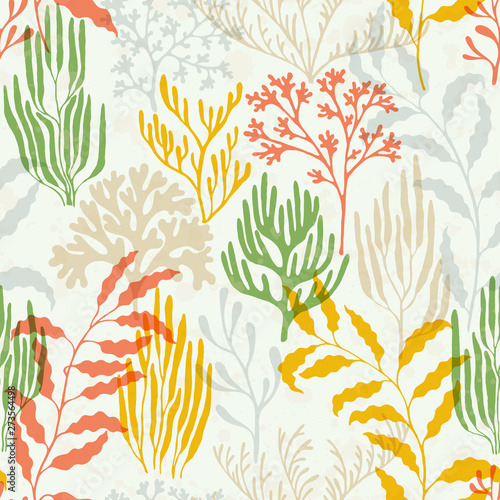 Coral polyps seamless pattern., Tropical coral reef branch silhouette elements.