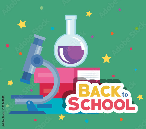 erlenmeyer flask with microscope and books elementary