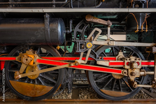 Wheel mechanics of a vintage steam locomotive