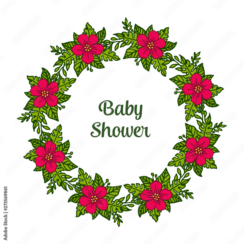 Vector illustration baby shower with red wreath frames isolated on white backdrop