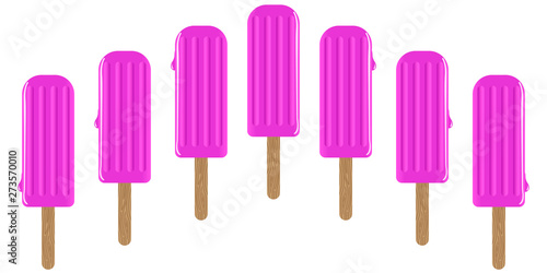 Illustration of drops of fruit water sliding down on sides of bunch of melting fuchsia ice pops. Vector