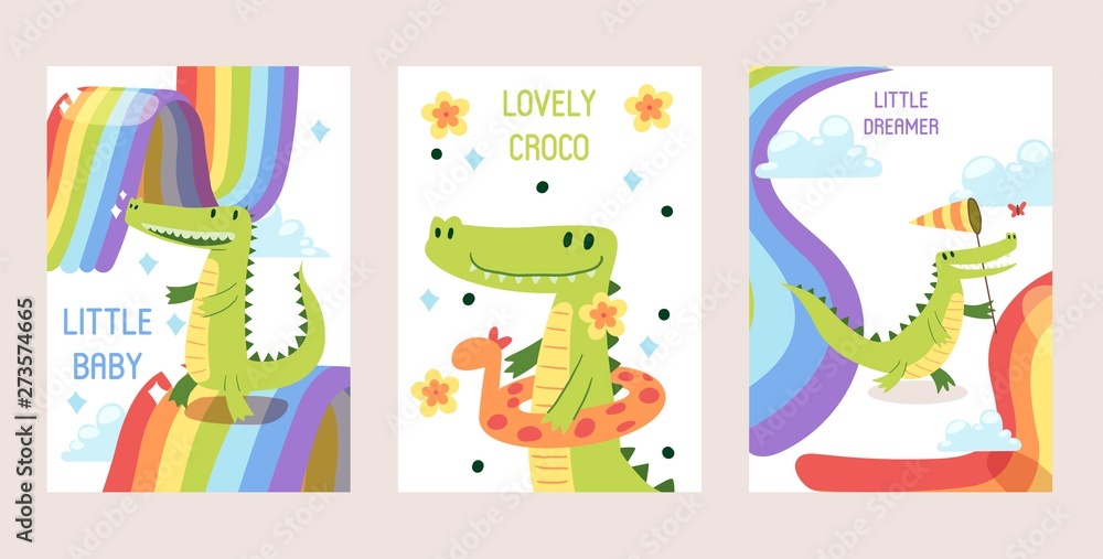 Cartoon funny crocodiles set of banners, cards vector illustration. Little baby dreamer, lovely croco in inflatable ring. Rainbow in clouds. Reptile walking with net catching butterfly.