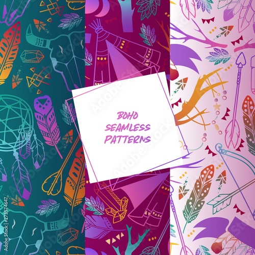 Boho set of seamless patterns vector illustration. Dream catcher amulet, scull plants such as flowers with leaves, branch arrows with heart, moon, feather and bohemian ethnic tribal eyes