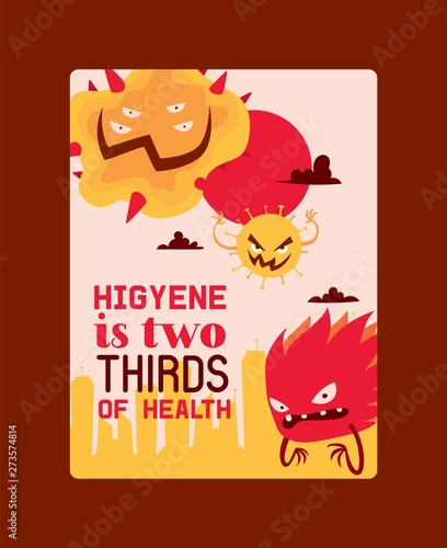 Higyene is two thirds of health poster vector illustration. Microbes or collection of cartoon viruses. Bad microorganisms for people. Different disgusting bacteria. Agressive monsters.
